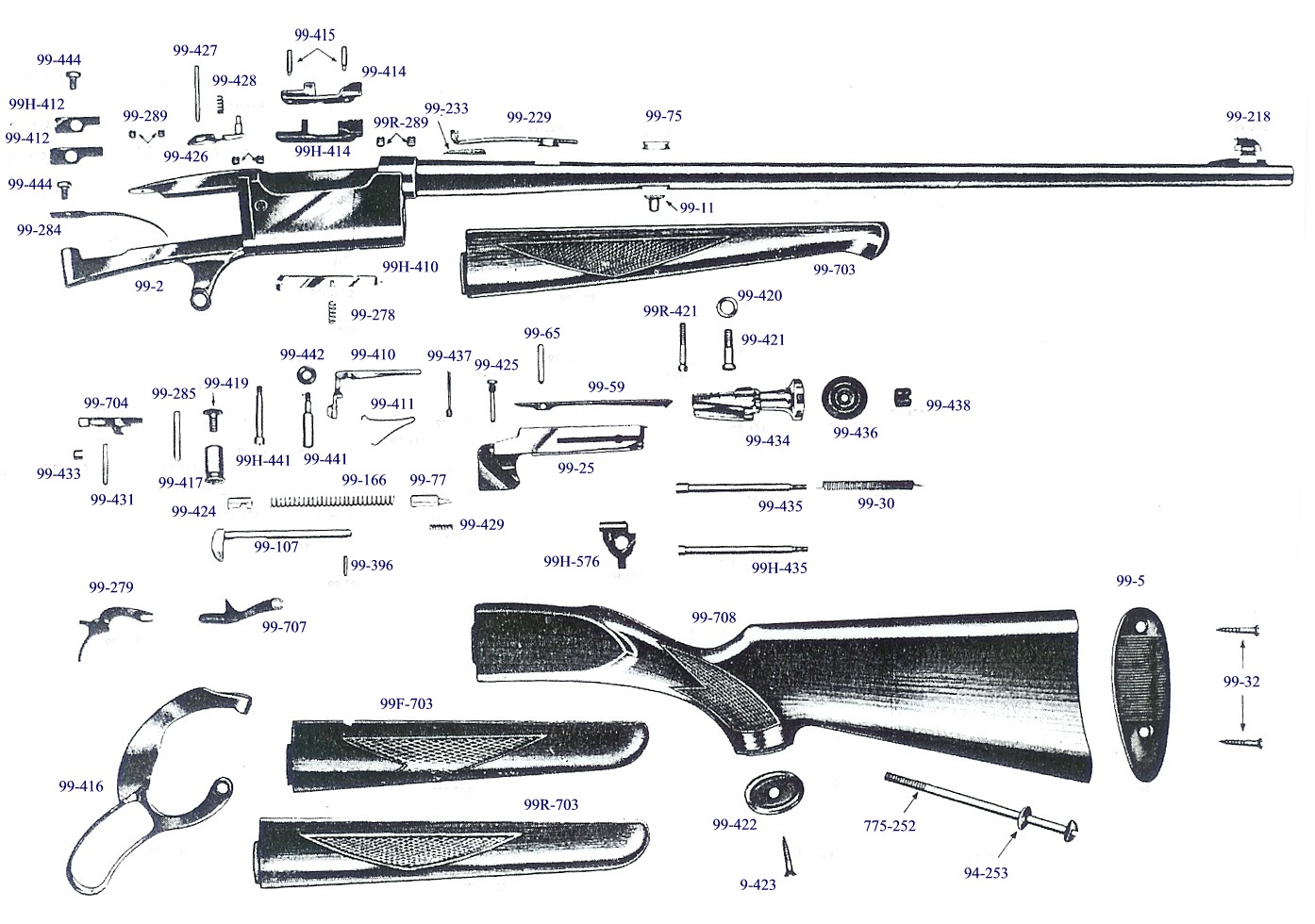 savage 99 parts list model exploded gun factory dated 1955 numbers shown above illustration part original